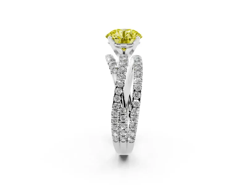 Fancy Yellow Round Cut Diamond Solitaire Twist Band Ring Set in Platinum with Pavé Setting and Prong Head