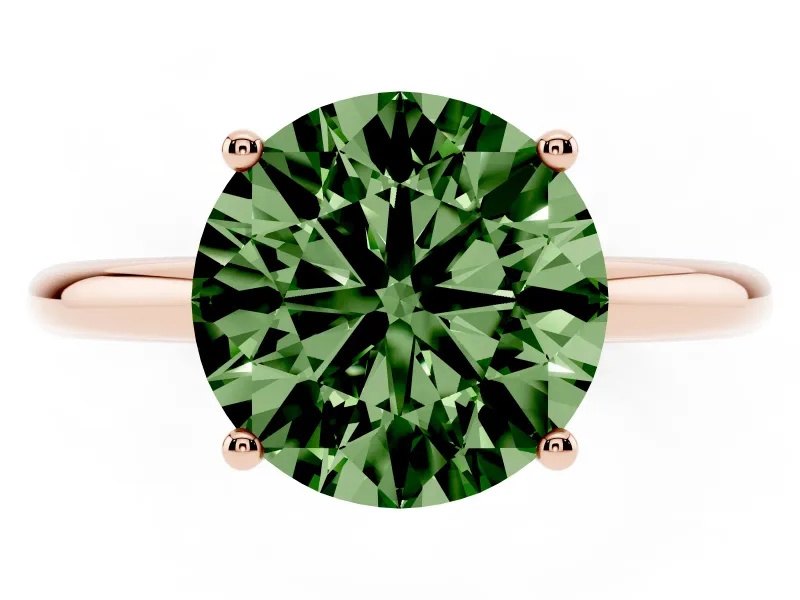 Fancy Green Round Cut Diamond Solitaire Engagement Ring Set in Rose gold with Prong Setting and Polished Band