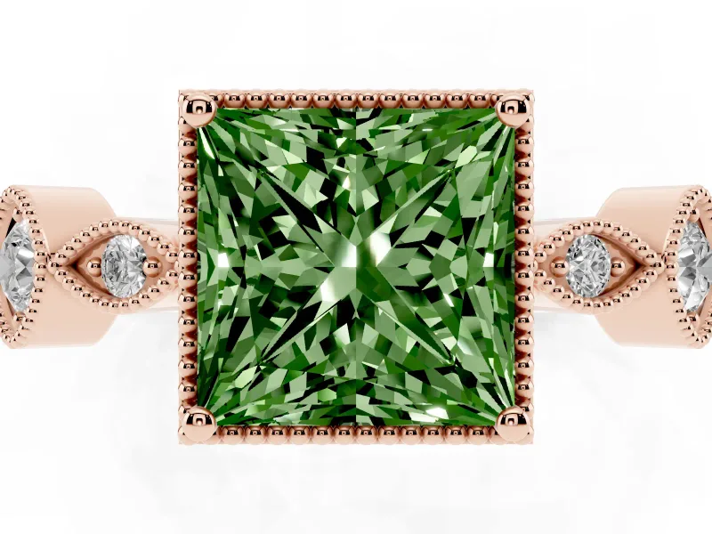 Princess Cut Vintage Milgrain Engagement Ring Setting for a Fancy Green Lab-Grown Diamond | Rose Gold