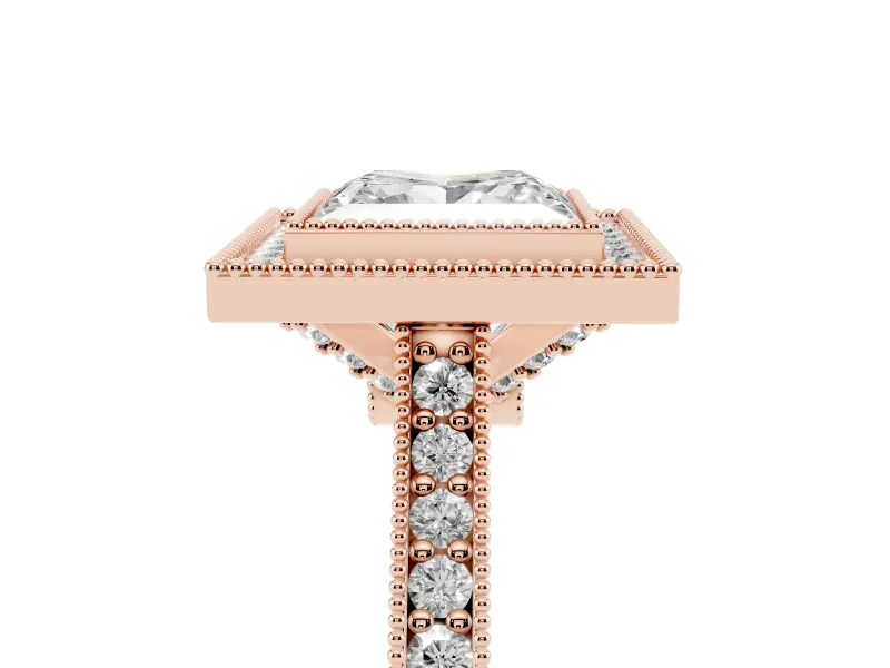Princess Cut Vintage Milgrain Halo Engagement Ring Setting | Bezel Head | Rose Gold