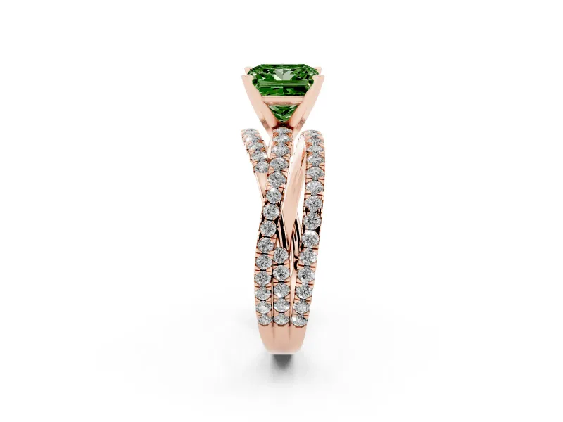 Fancy Green Princess Cut Diamond Solitaire Twist Band Ring Set in Rose gold with Pavé Setting and Prong Head