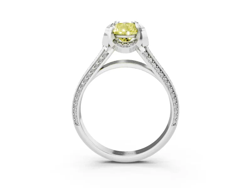 Fancy Yellow Pear Cut Diamond Pavé Split Shank Solitaire Ring Set in White gold with Prong Setting