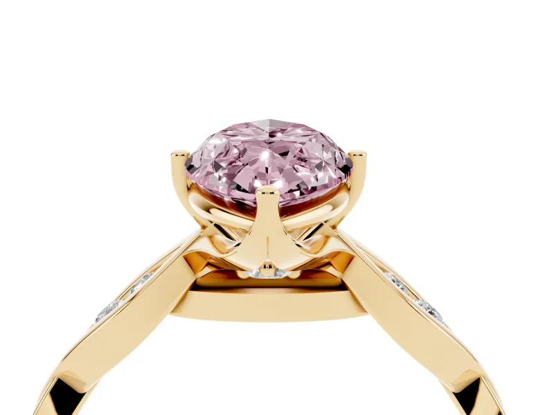 Fancy Pink Marquise Cut Diamond Twist Band Solitaire Ring Set in Yellow gold with Leaf Prong Setting and Accent Stones