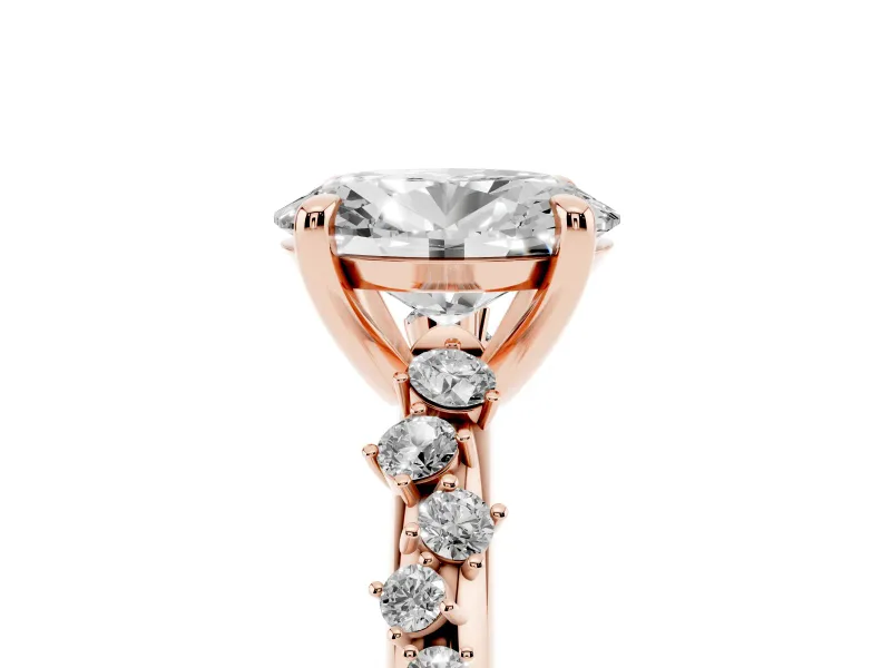 Oval Cut Diamond Solitaire Vine Band Ring Set in Rose gold with Round Accents and Prong Setting