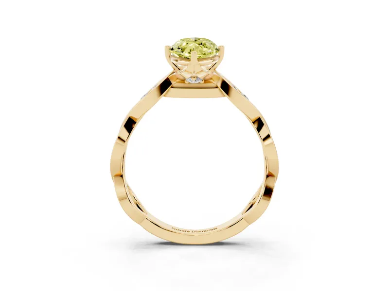 Fancy Yellow Marquise Cut Diamond Twist Band Solitaire Ring Set in Yellow gold with Leaf Prong Setting and Accent Stones
