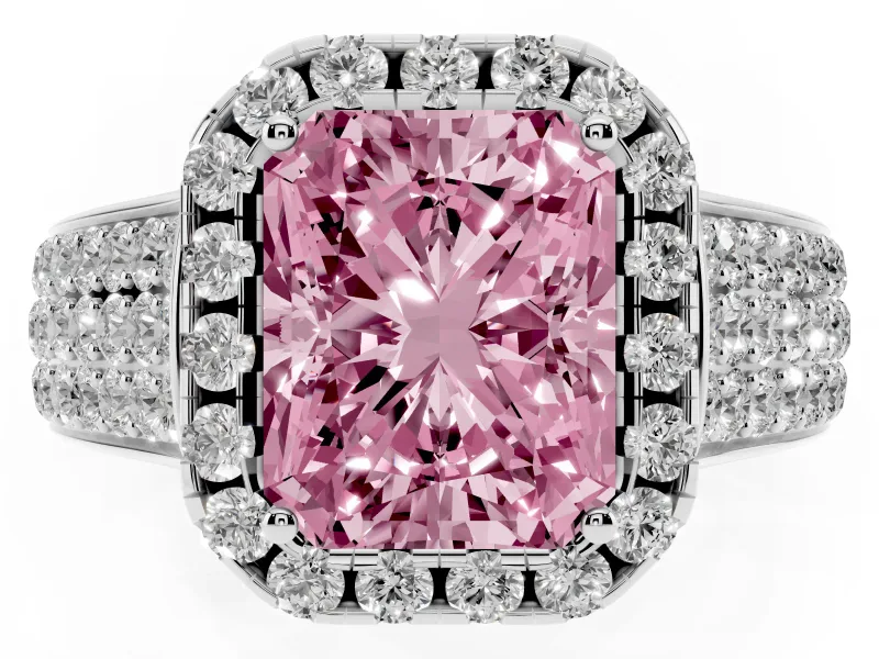 Radiant Cut Pavé Engagement Ring Setting for a Fancy Pink Lab-Grown Diamond | Wide Three-Row Band | White Gold
