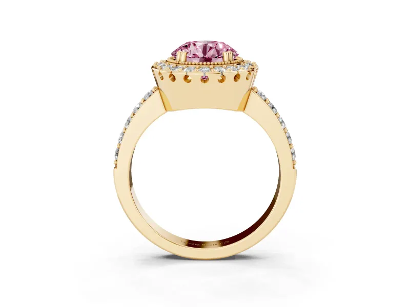 Round Vintage Milgrain Halo Engagement Ring Setting for a Fancy Pink Lab-Grown Diamond | Pierced Gallery | Yellow Gold