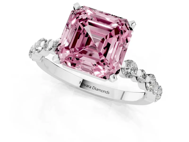 Fancy Pink Asscher Cut Diamond Prong Set Engagement Ring Set in Silver with Round Accent Pavé Band