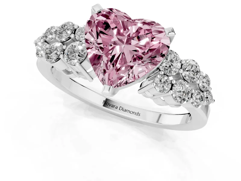 Fancy Pink Heart Cut Diamond Cluster Engagement Ring Set in Platinum with Pavé Band and Prong Setting