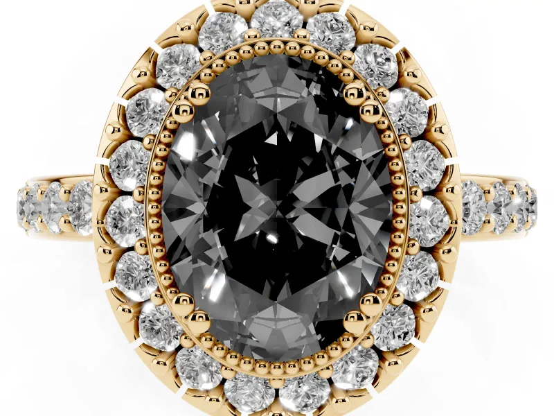 Fancy Black Oval Cut Diamond Halo Ring Set in Yellow gold with Pavé Shank and Prong Setting