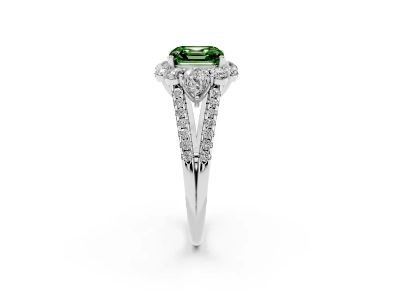 Asscher Cut Scalloped Halo Engagement Ring Setting for a Fancy Green Lab-Grown Diamond | Pear Side Stones | White Gold