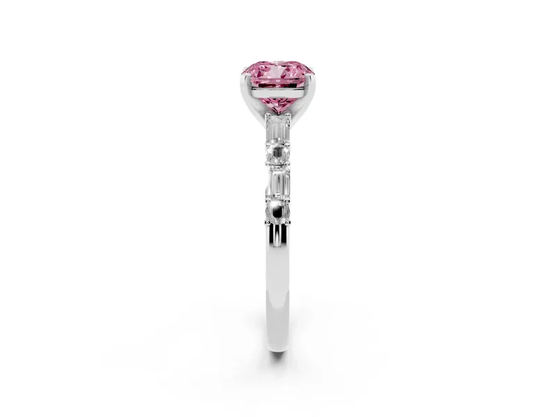 Fancy Pink Cushion Cut Diamond Solitaire Set in White gold with Side Baguettes and Channel Set Band