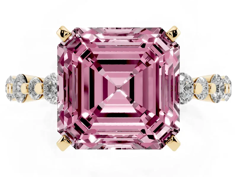 Fancy Pink Asscher Cut Diamond Prong Set Engagement Ring Set in Yellow gold with Round Accent Pavé Band