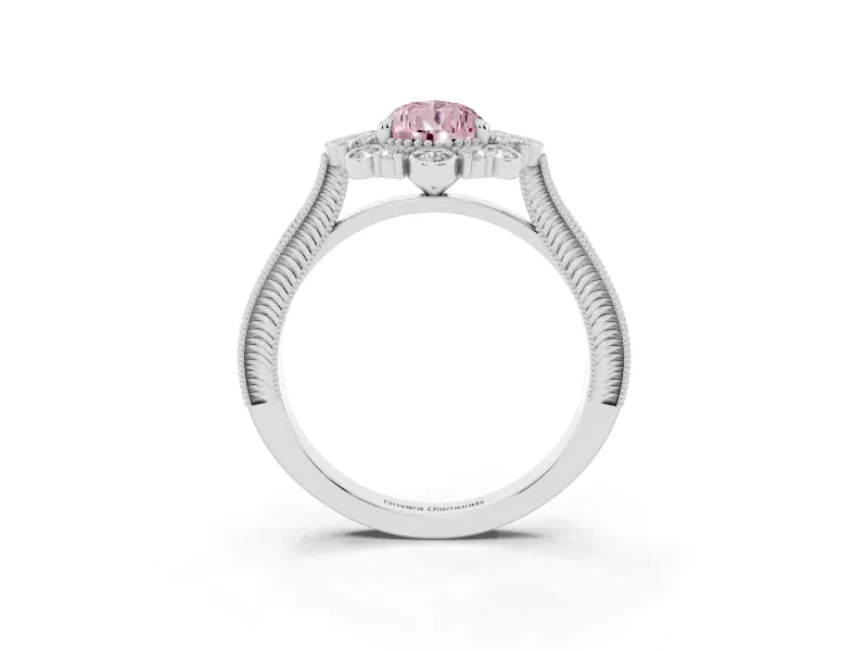 Fancy Pink Pear Cut Diamond Halo Milgrain Pavé Ring Set in Platinum with Prong Setting