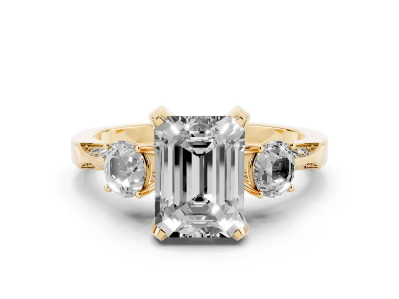 Fancy Green Emerald Cut Diamond Three-Stone Ring Set in Yellow gold with Pavé Band and Smaller Side Stones