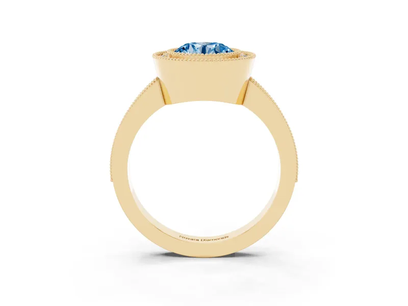Round Milgrain Halo Engagement Ring Setting for a Fancy Blue Lab-Grown Diamond | Pave Band | Yellow Gold
