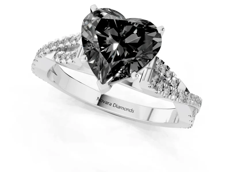 Heart-Shaped Twisted Pavé Solitaire Engagement Ring Setting for a Black Center | White Gold