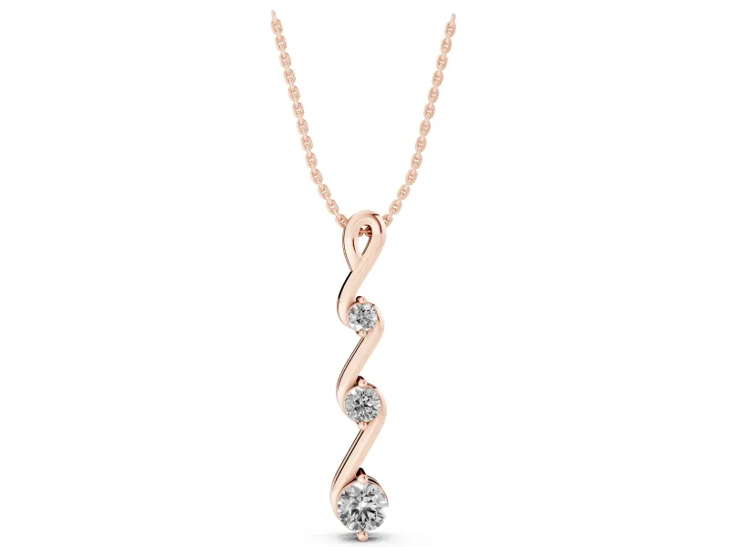 Round Lab-Grown Diamond Three-Stone Vertical Zigzag Pendant Necklace | Loop Bail | Rose Gold