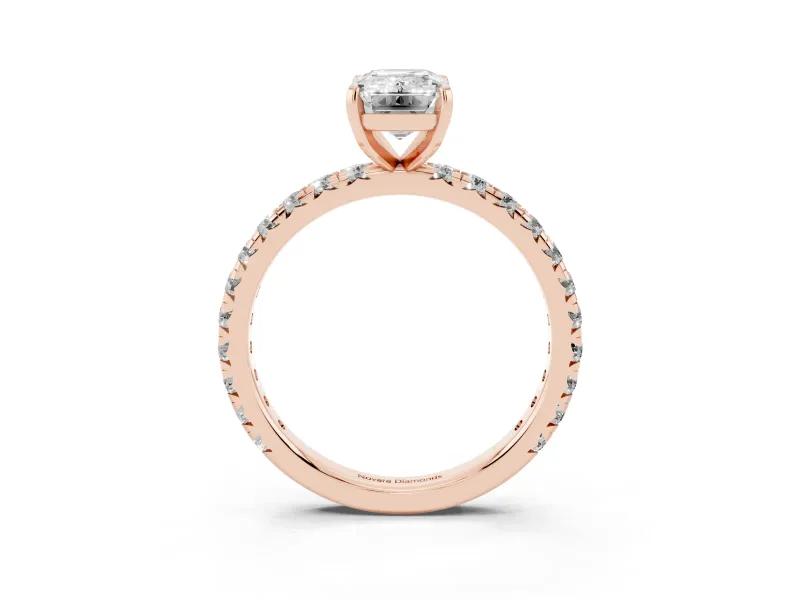 Emerald Cut Pavé Solitaire Engagement Ring Setting | Shared Prong Band | Rose Gold
