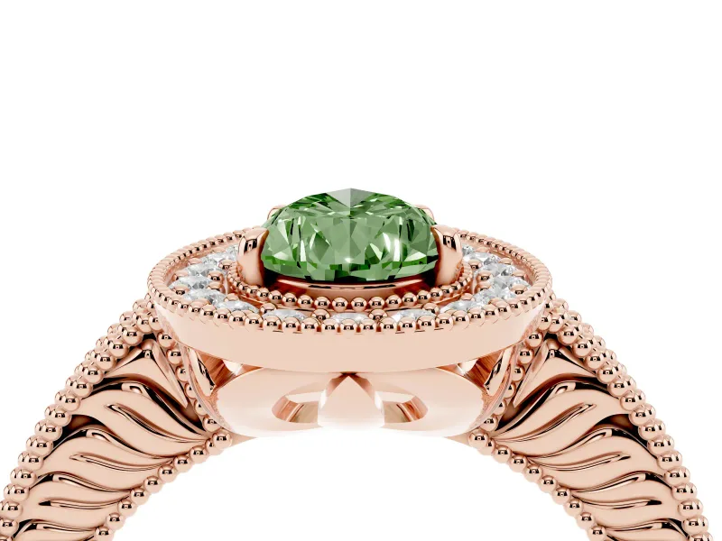 Fancy Green Pear Cut Diamond Halo Ring Set in Rose gold with Round Accent Halo, Pavé Band and Prong Setting