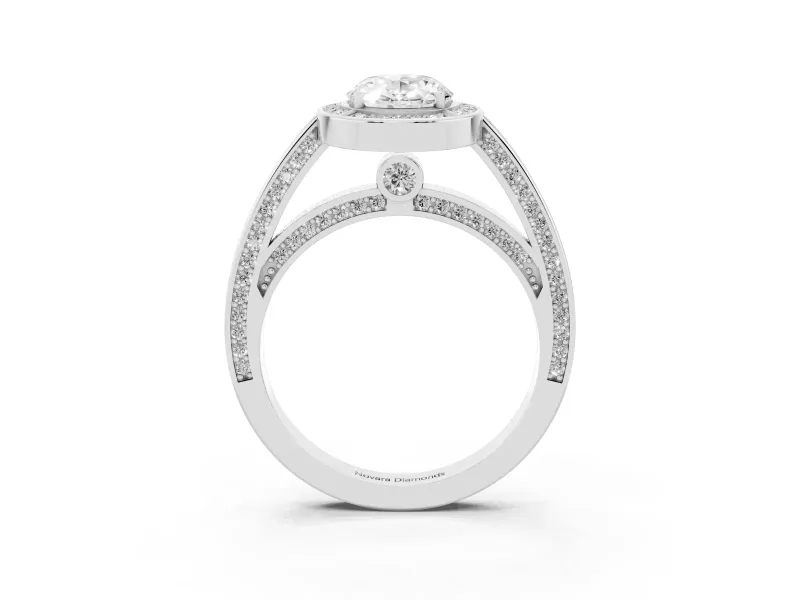 Oval Cut Diamond Halo Pavé Split Shank Ring Set in Silver with Prong Setting