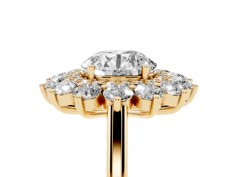 Round Floral Double Halo Engagement Ring Setting | Plain Band | Yellow Gold