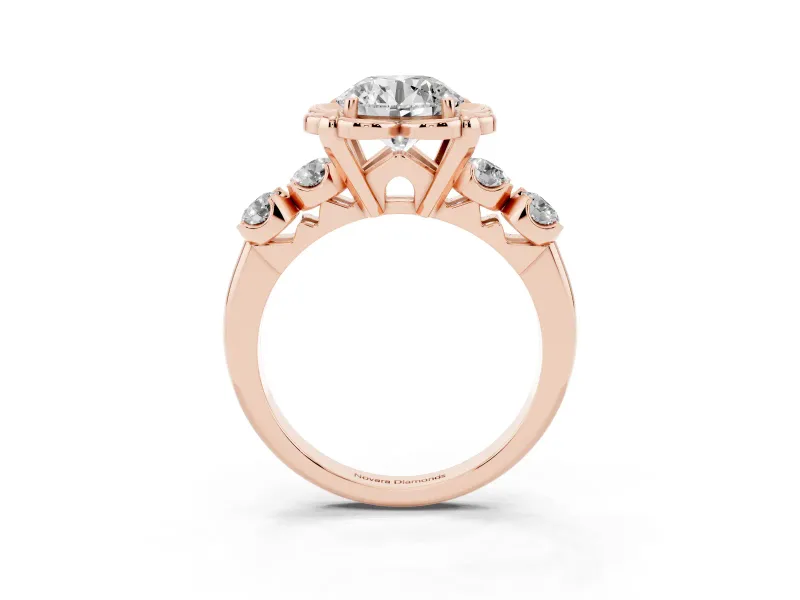 Round Floral Engagement Ring Setting | Petal Frame and Side Stones | Rose Gold