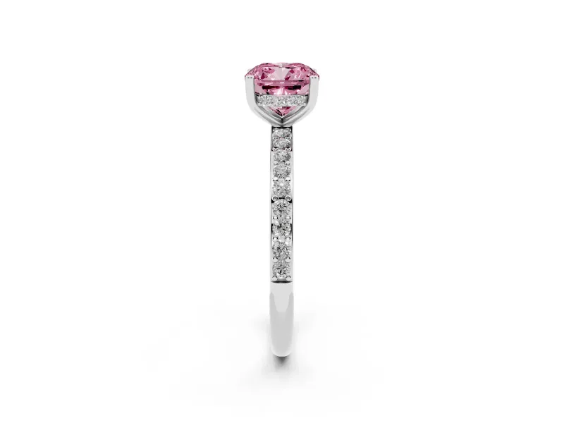 Fancy Pink Cushion Cut Diamond Pavé Band Ring Set in Platinum with Prong-Set Center Stone