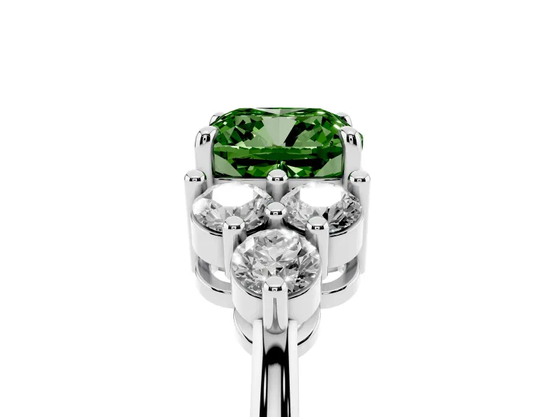 Fancy Green Cushion Cut Diamond Solitaire Ring Set in Silver with Cluster Accents on Each Side