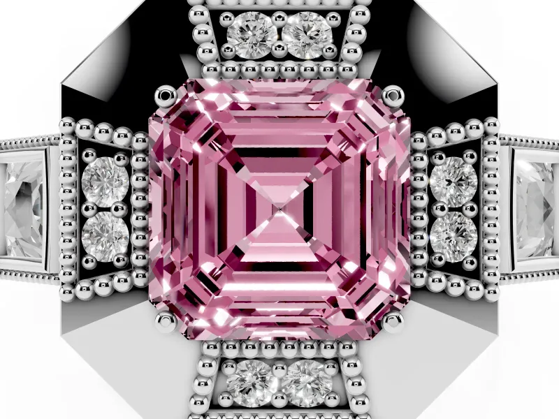 Fancy Pink Asscher Cut Diamond Milgrain Halo Ring Set in Platinum with Split Shank