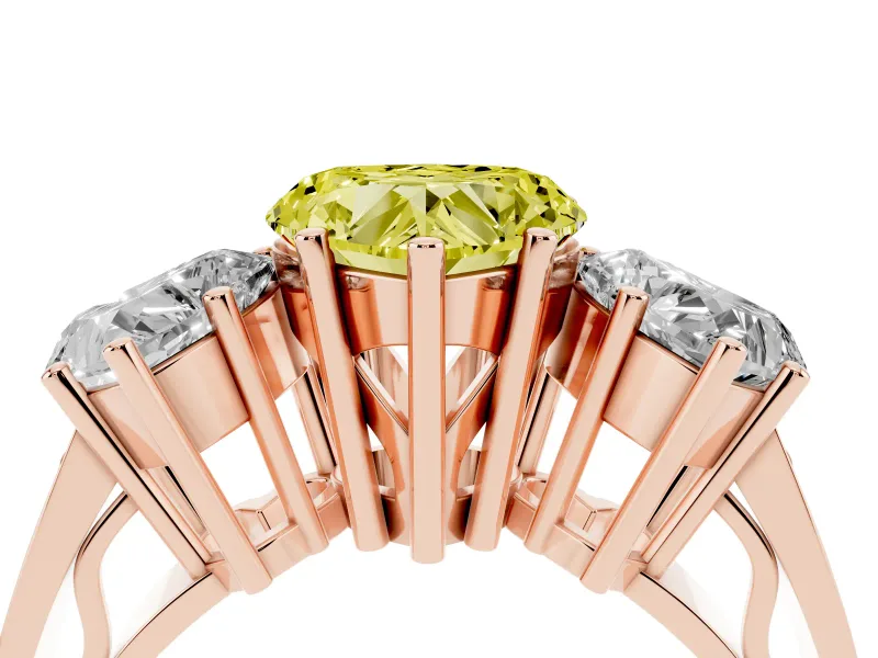 Heart-Shaped Three Stone Engagement Ring Setting for a Fancy Yellow Lab-Grown Diamond | Beaded Shoulders | Rose Gold