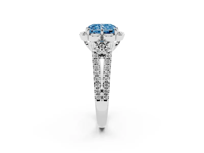 Radiant Cut Floral Halo Engagement Ring Setting for a Fancy Blue Lab-Grown Diamond | Pavé Split Shank | White Gold
