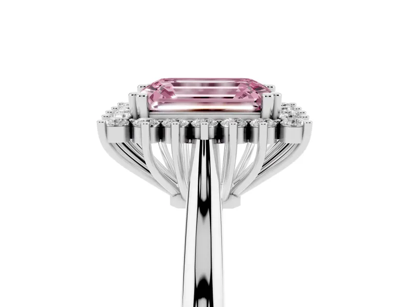 Fancy Pink Emerald Cut Diamond Halo Ring Set in Silver with Plain Solitaire Band and Prong Setting