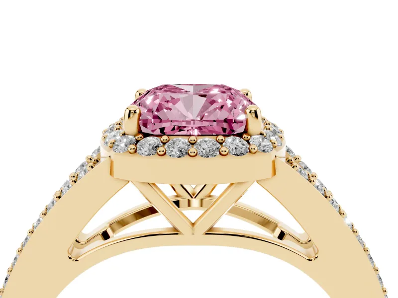 Cushion Cut Halo Engagement Ring Setting for a Fancy Pink Lab-Grown Diamond | V-Split Pavé Band | Yellow Gold