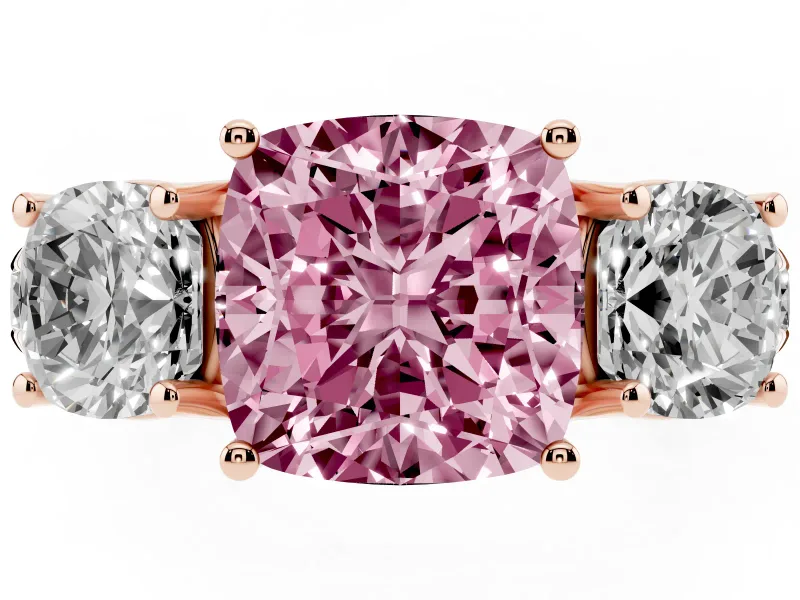 Cushion Cut Three Stone Engagement Ring Setting for a Fancy Pink Lab-Grown Diamond | Accented Shoulders | Rose Gold