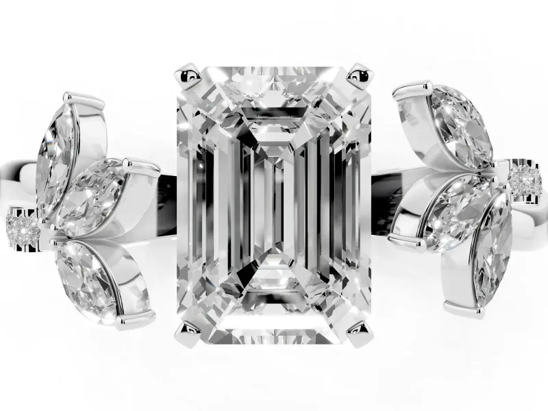 Emerald Cut Diamond Floral Vine Solitaire Engagement Ring Set in White gold with Marquise Leaves
