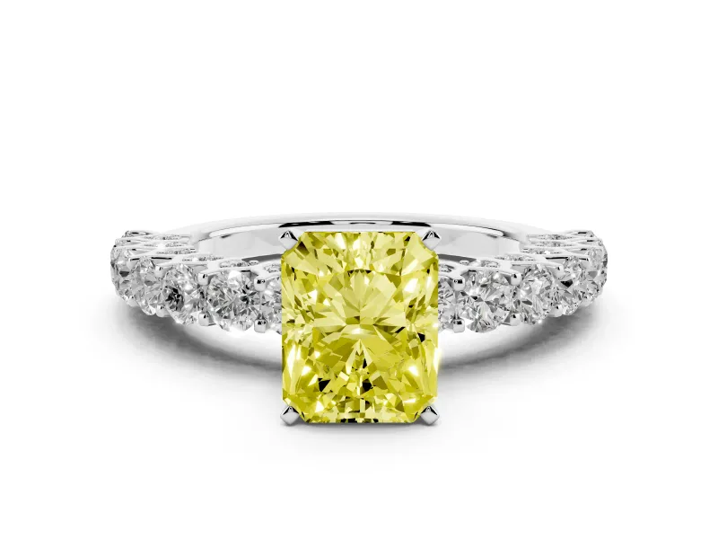 Fancy Yellow Radiant Cut Diamond Solitaire Ring Set in Platinum with Shared Prong Pavé Band
