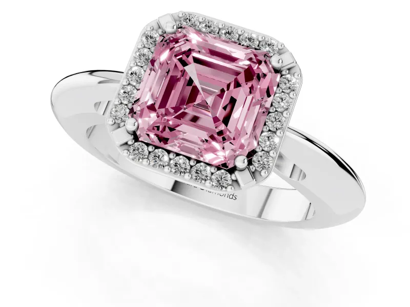 Fancy Pink Asscher Cut Diamond Halo Engagement Ring Set in Silver with Plain Split Shank and Prong Setting