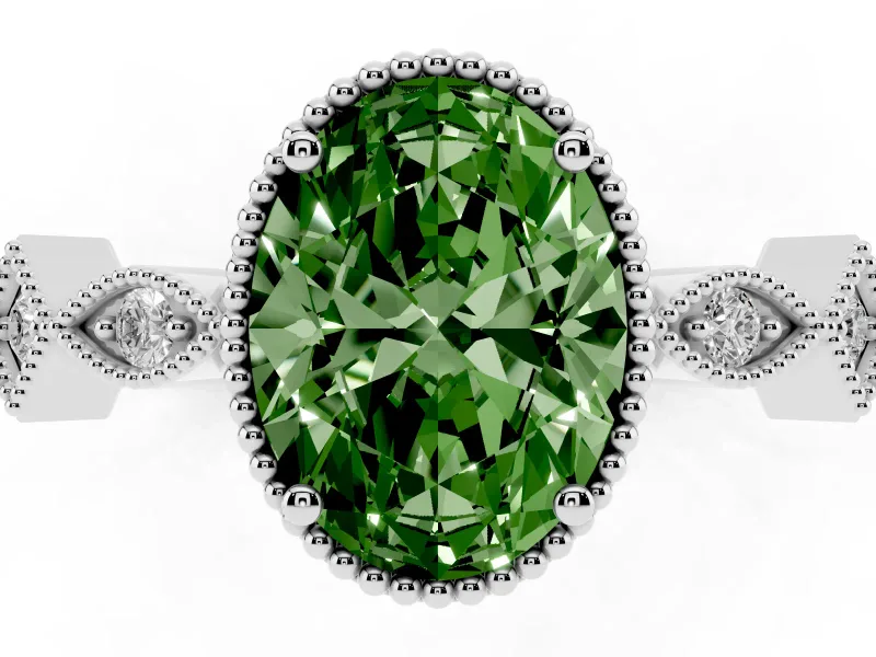 Fancy Green Oval Cut Diamond Milgrain Marquise Twist Band Ring Set in Platinum with Prong Setting