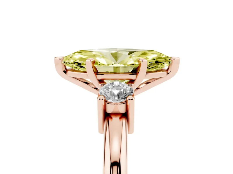 Fancy Yellow Three-Stone Marquise Cut Diamond Ring Set in Rose gold with Prong Setting and Plain Band