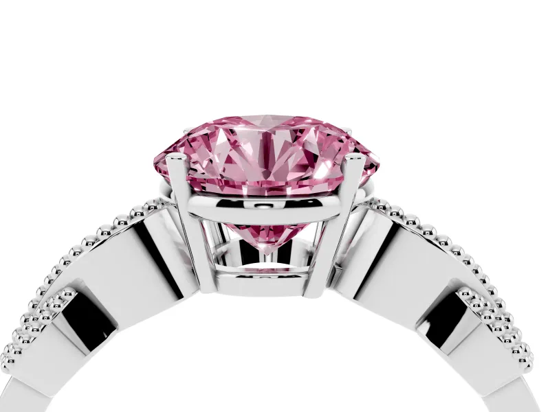 Fancy Pink Round Cut Diamond Milgrain Leaf Band Solitaire Ring Set in Platinum with Accent Stones and Prong Setting