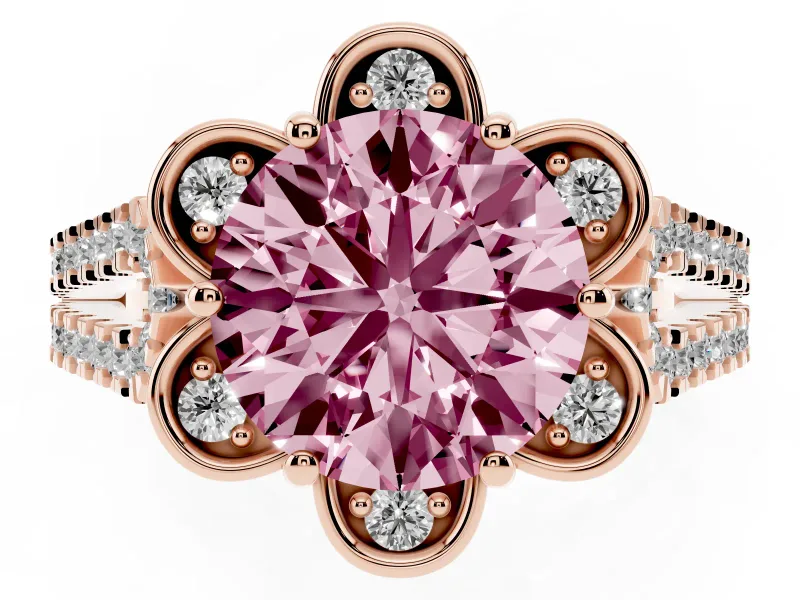 Round Petal Frame Floral Halo Engagement Ring Setting for a Fancy Pink Lab-Grown Diamond | Pavé Split Shank | Rose Gold