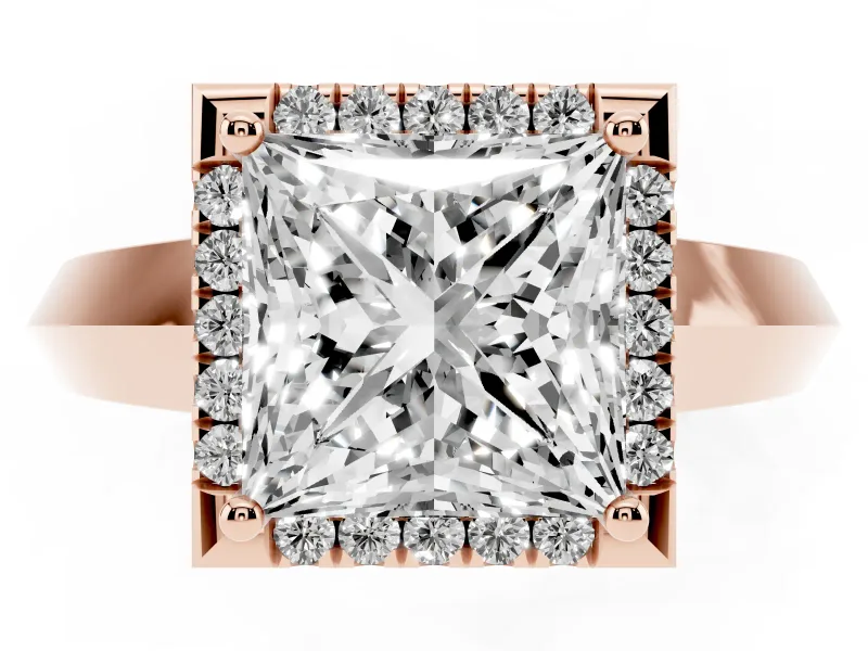 Princess Cut Diamond Halo Ring Set in Rose gold with Cathedral Band and Prong Setting