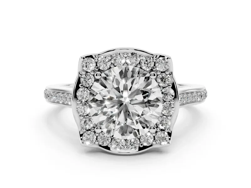 Round Cut Diamond Halo Ring Set in Platinum with Pavé-Lined Shoulders and Prong Setting