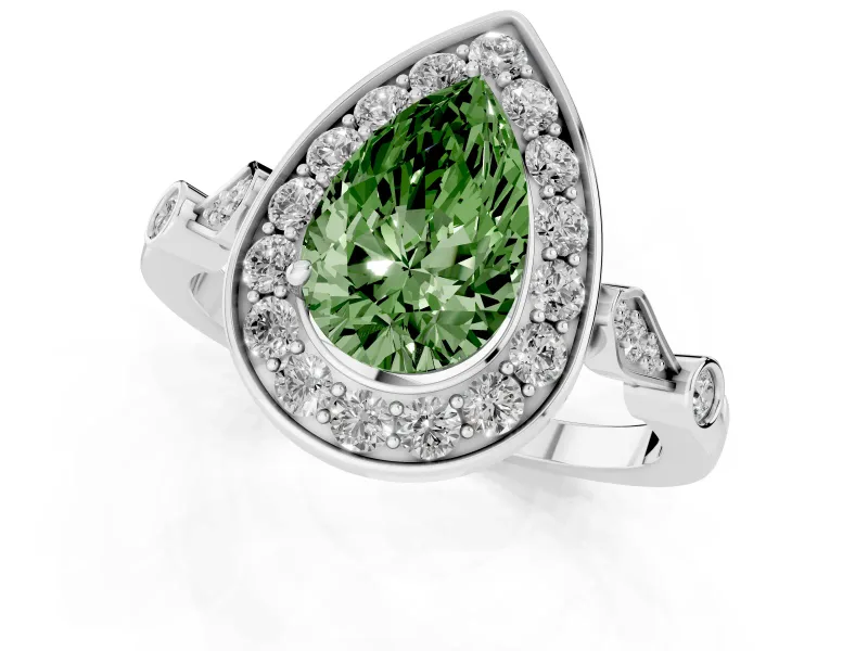 Fancy Green Pear Cut Diamond Halo Engagement Ring Set in Silver with Twisted Band and Prong Setting