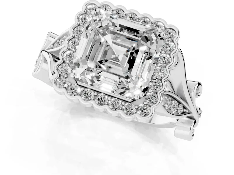 Asscher Cut Vintage Leaf Halo Engagement Ring Setting | Graduated Vine Shank | Sterling Silver