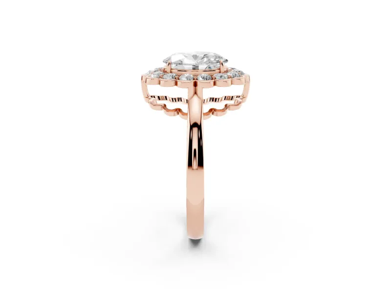 Oval Scalloped Cluster Halo Engagement Ring Setting | Plain Band | Rose Gold