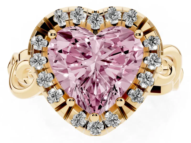 Fancy Pink Heart Cut Diamond Halo Ring Set in Yellow gold with Scrollwork Band and Prong Setting