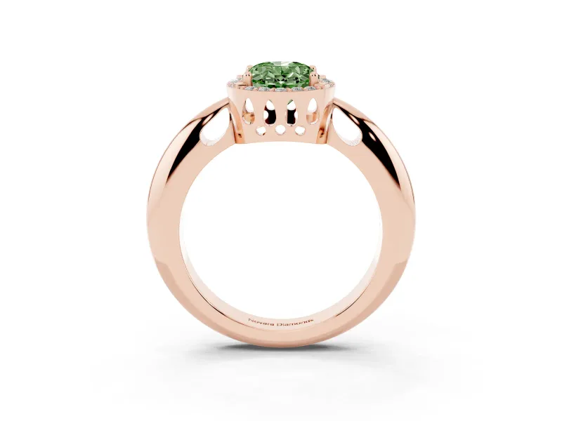 Fancy Green Oval Cut Diamond Halo Engagement Ring Set in Rose gold with Plain Split Shank and Prong Setting