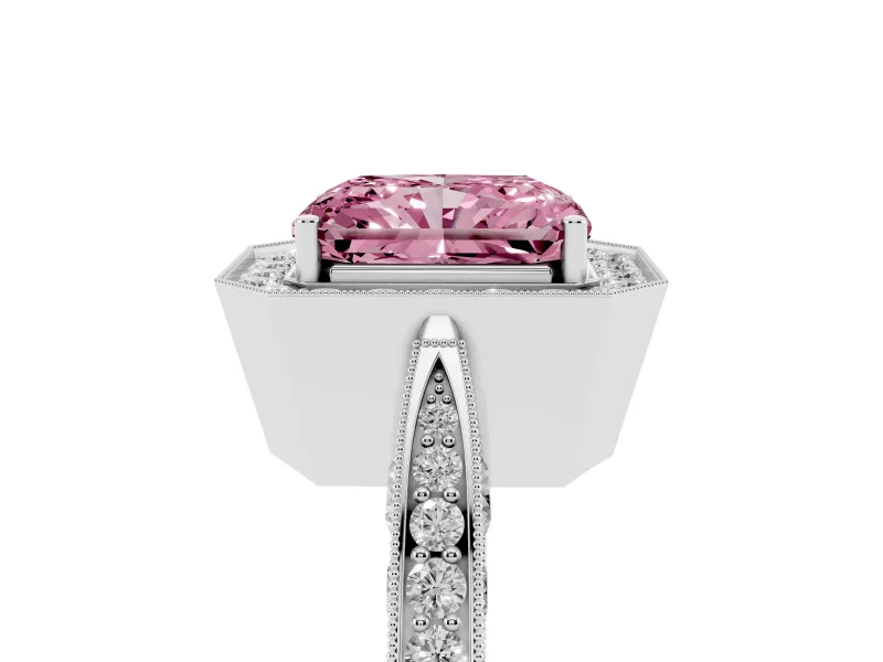 Radiant Cut Milgrain Halo Engagement Ring Setting for a Fancy Pink Lab-Grown Diamond | Side Stones | White Gold